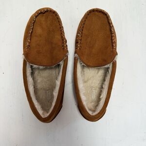 J Crew Suede Scuff Slipper  Caramel Size 5.5 Faux Fur Lining EUC
